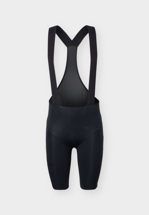 Sorte cykelbibshorts med høj talje, brede skulderstropper og et netpanel på ryggen, designet til atletisk brug.