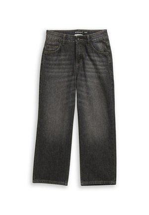 Jeans neri a gamba larga con tasche frontali, passanti per cintura, chiusura con bottone e zip, mostrati distesi su sfondo bianco.