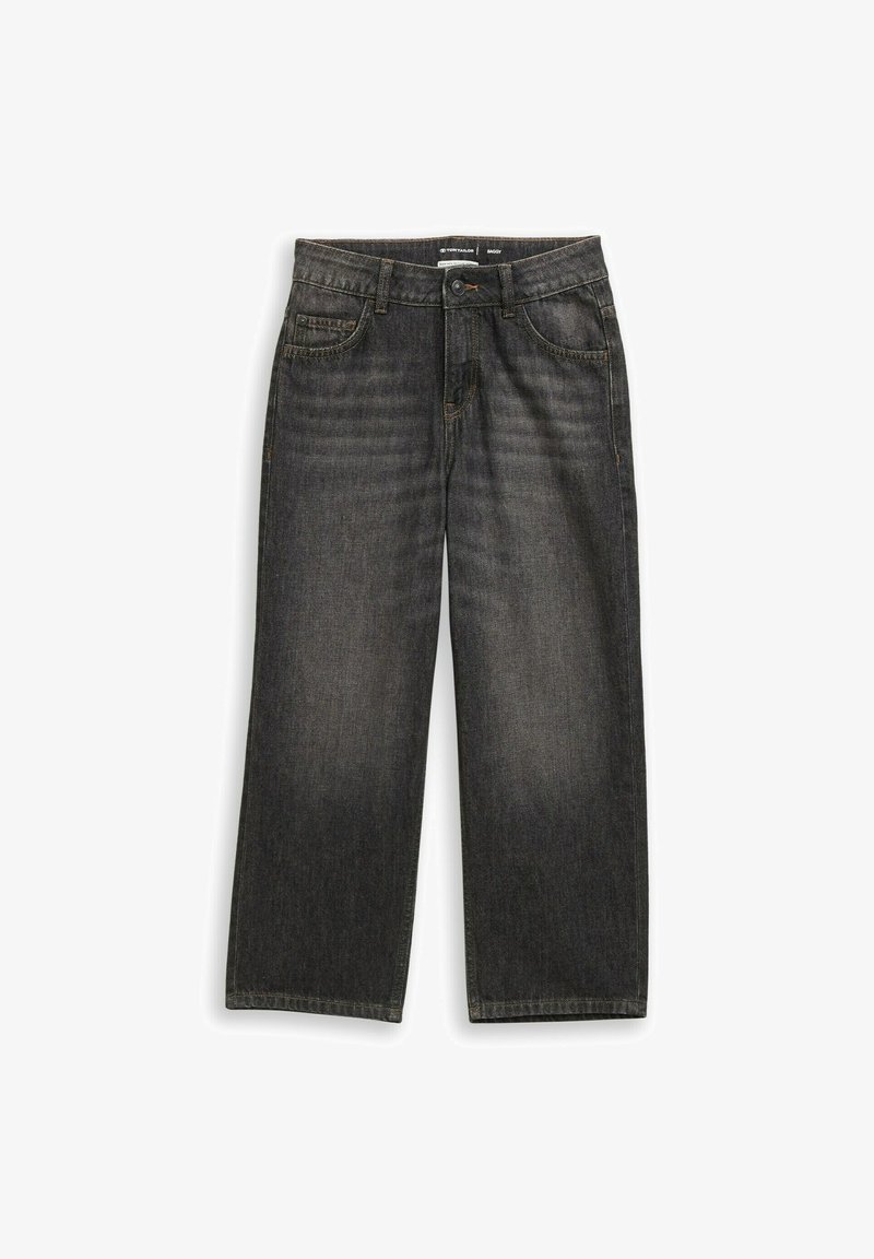 Schwarze Jeans mit weitem Bein, vorderen Taschen, Gürtelschlaufen, Knopf- und Reißverschluss, flach auf weißem Hintergrund präsentiert.