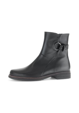 Black leather ankle boot with a round toe, smooth texture, side loop detail, and a low stacked heel. Solid design with subtle stitching.