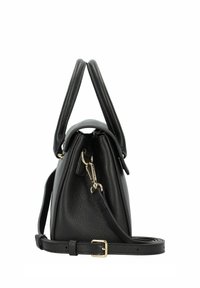 Borsa a mano in pelle nera con finitura testurizzata, manici superiori, tracolla regolabile e dettagli in metallo dorato.