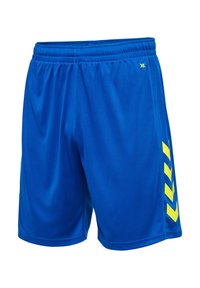 Blaue Sportshorts mit elastischem Bund, mit drei gelben Chevron-Streifen an der rechten Seite.