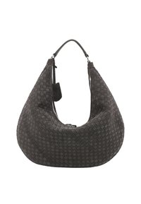 Dark gray woven leather hobo handbag with a single handle and zipper closure, displayed against a white background.