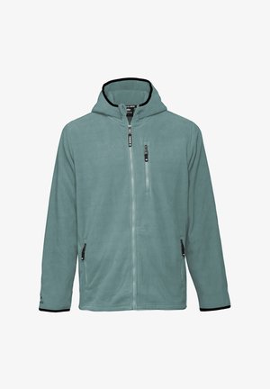 Polarowa kurtka w stonowanym odcieniu teal, z pełnym zamkiem błyskawicznym, kapturem i czarnymi akcentami. Posiada dwie boczne kieszenie na zamek oraz kieszeń na zamek na piersi. Miękka w dotyku.