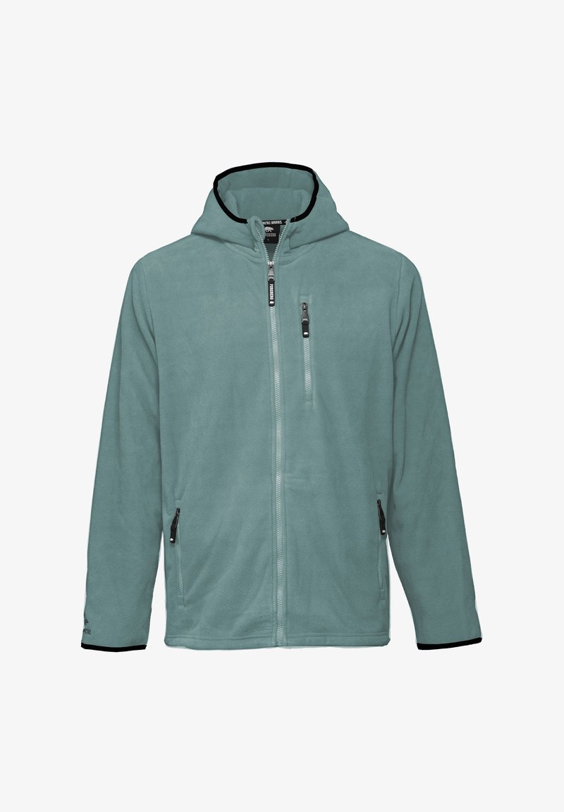 Fleece jas in gedempt teal met een volledige rits, capuchon en zwarte accenten. Voorzien van twee zijzakken met rits en een borstzak met rits. Zachte textuur.