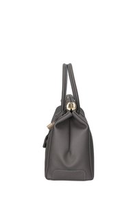 Borsa a mano in pelle grigia con manici doppi, chiusura a zip e dettagli in metallo dorato. Superficie testurizzata con cuciture visibili. Forma rettangolare.