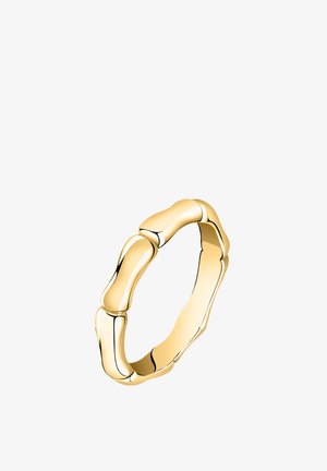 Anello in oro con un design simile al bambù, caratterizzato da segmenti lisci e arrotondati che creano un aspetto testurizzato. La finitura lucida esalta la brillantezza.