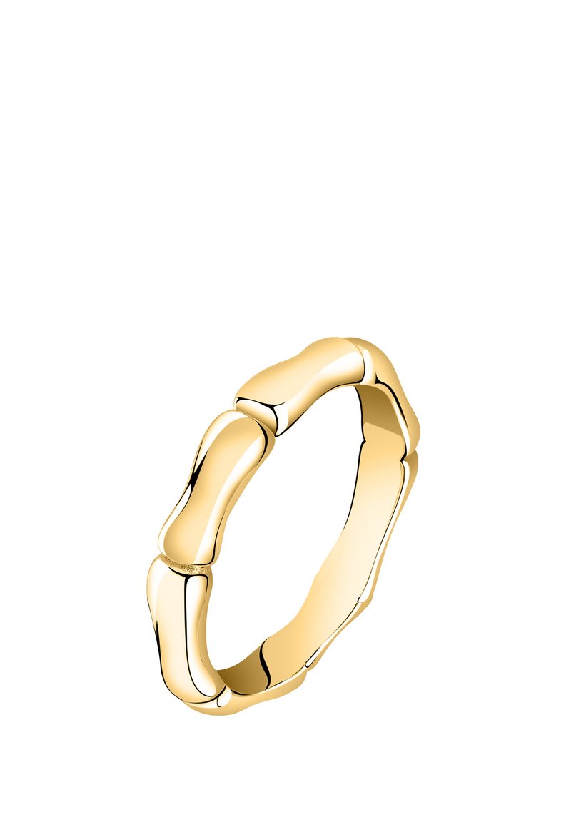 Anello in oro con un design simile al bambù, caratterizzato da segmenti lisci e arrotondati che creano un aspetto testurizzato. La finitura lucida esalta la brillantezza.