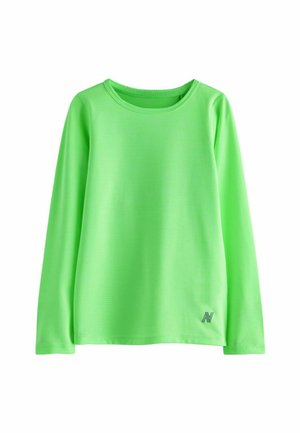 Langärmliges, leuchtend grünes Sportshirt aus Netzgewebe mit Rundhalsausschnitt und kleinem Logo unten rechts.