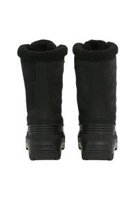 Černé semišové a gumové boty s umělou kožešinou uvnitř, výška do poloviny lýtek, texturovaný povrch a kontrastní hladké podešve.