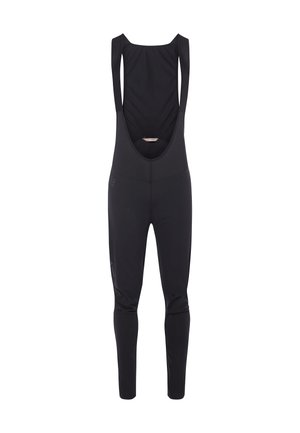 Black cycling bib tights made of stretch fabric. Features wide shoulder straps, full-length legs, and a close-fitting design.