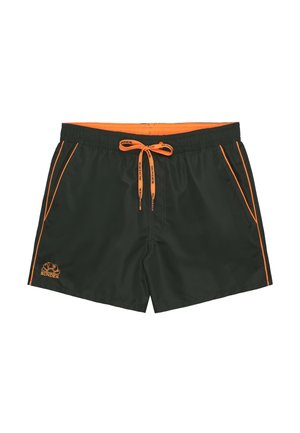 Costume da bagno nero con bordatura arancione, vita con coulisse, tasche laterali e piccolo logo sulla gamba sinistra.