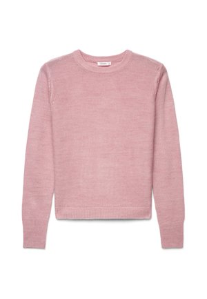 Maglione rosa a maniche lunghe con scollo tondo realizzato in tessuto lavorato a maglia con polsini e orlo a coste, mostrato su sfondo bianco.