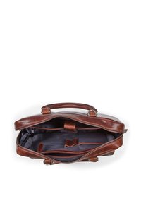 Braune Ledertasche mit Reißverschluss, zwei Griffen und einem mit Stoff ausgekleideten Innenraum, der Taschen und Organisationsriemen bietet.