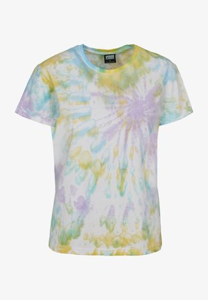 Majica s kratkim rukavima u tehnici tie-dye u bijeloj boji s pastelnim nijansama: plava, ljubičasta, žuta i zelena. Pamuk, ležeran kroj, okrugli izrez.