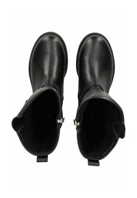 Botas de cuero negro hasta la rodilla con un acabado suave, que cuentan con cremalleras a ambos lados y sutiles detalles de costura alrededor de las aberturas.