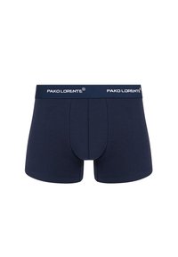 Granatowe bokserki wykonane z miękkiego materiału, z dopasowanym krojem i białą, markową gumką w pasie z logo "PAKO LORENTE".
