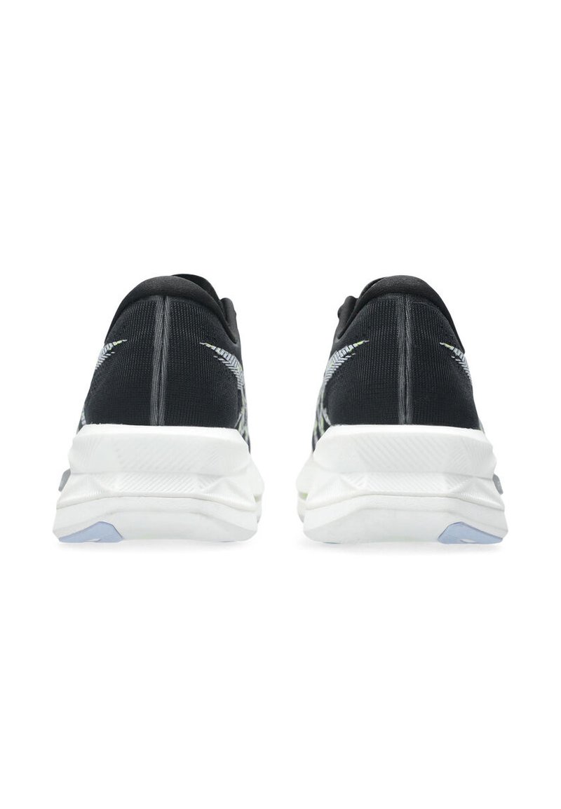 Black athletic shoes with textured knit upper, featuring white midsole and gray accents. Lightweight, rounded shape with sturdy heel support.