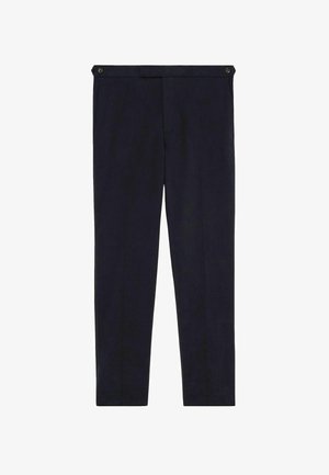 Marineblå skræddersyede bukser med fladt frontstykke, lige ben og knapdetaljer ved linningen, vist på en hvid baggrund.