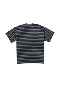 Striped short-sleeve t-shirt in dark blue, featuring thin vertical stripes of beige and light blue, with a round neckline and soft texture.