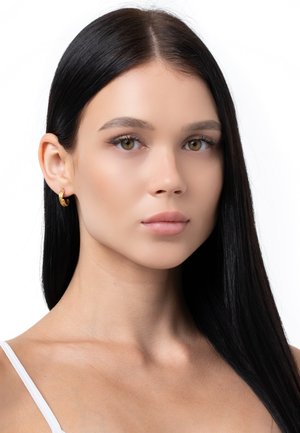 Goldene Creolen bei einem Modell mit langen, glatten, schwarzen Haaren und neutralem Make-up. Glatte Haut und dezente Gesichtszüge sind sichtbar.