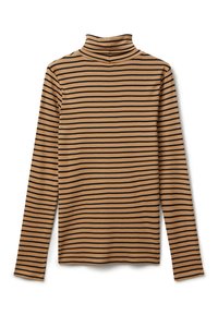 Braun und schwarz gestreiftes Langarm-Turtleneck-Shirt aus leichtem Stoff, mit taillierter Passform und hohem Kragen.