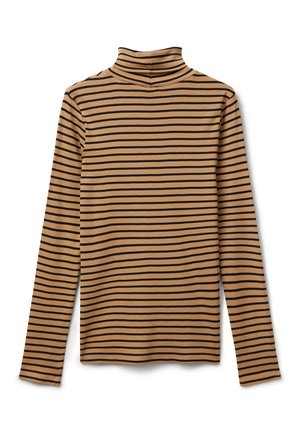 T-shirt à col roulé à manches longues, rayé marron et noir, fabriqué en tissu léger, avec une coupe ajustée et un col haut.