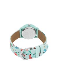 Mintgrüne Uhr mit einem Stoffarmband, das mit floralen Mustern in Rot und Blau verziert ist. Gehäuse aus rostfreiem Stahl mit silbernen Hardware-Akzenten.