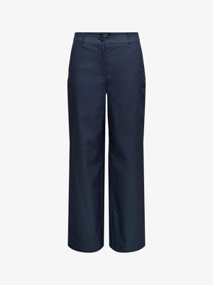 Temno modre hlače z visokim pasom in širokimi hlačnicami, z zankami za pas, sprednjim gumbom in zadrgo.