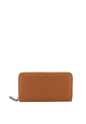 Brown leather wallet with a smooth texture, zip closure, and metallic logo accent. Rectangular shape with rounded edges.