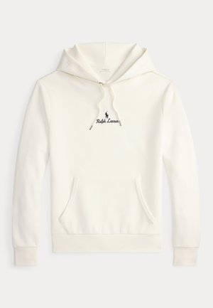 Felpa bianca Ralph Lauren con tasca frontale, cappuccio con cordino e piccolo logo e testo ricamati in nero sul petto.