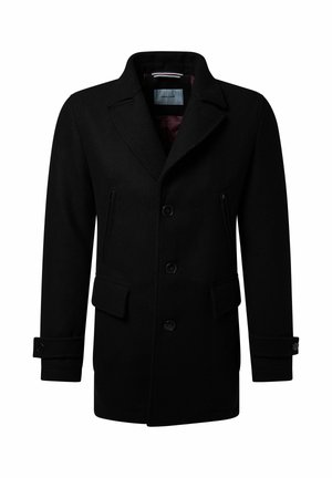 Schwarzer Wollmantel mit Reverskragen, vorderer Knopfleiste und zwei seitlichen Taschen. Innenfutter in Bordeauxrot mit einem dezenten Muster.