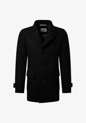 Schwarzer Wollmantel mit Reverskragen, vorderer Knopfleiste und zwei seitlichen Taschen. Innenfutter in Bordeauxrot mit einem dezenten Muster.