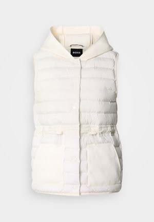 Padded white vest with a hood, featuring snap buttons, drawstring waist, and two front pockets with a soft texture. Brand label: BOSS.