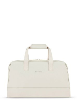 Hellbeige Reisetasche mit elegantem Design, gefertigt aus glattem Material. Verfügt über zwei Griffe und einen Reißverschluss an der Oberseite, mit Logoaufdruck auf der Vorderseite.