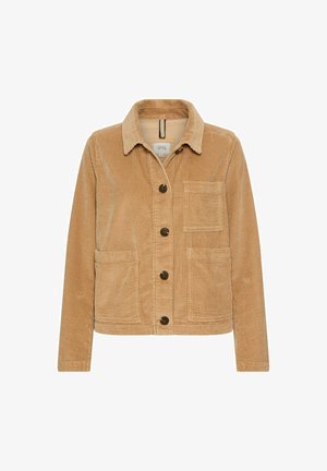 Beige Cordjacke mit langen Ärmeln, Knopfleiste vorne und zwei Vorderaschen. Hervorstechend aufgrund des strukturierten Stoffes und des Kragen Designs.