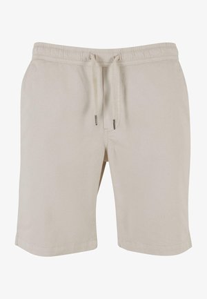 Beige Shorts mit elastischem Bund, Kordelzugverschluss, glatter Textur und geraden Beinen. Keine sichtbaren Muster oder Akzente.