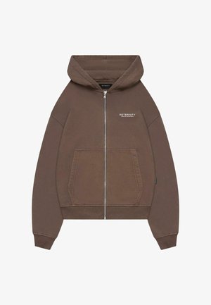 Ruskea vetoketjullinen huppari, jossa on huppu, etutaskut ja valkoinen "RETERNITY"-logo. Valmistettu puuvillakankaasta, jossa on pehmeä tekstuuri.