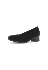 Black suede pump with a rounded toe and low square heel. The smooth texture and simple design contribute to its classic appearance.