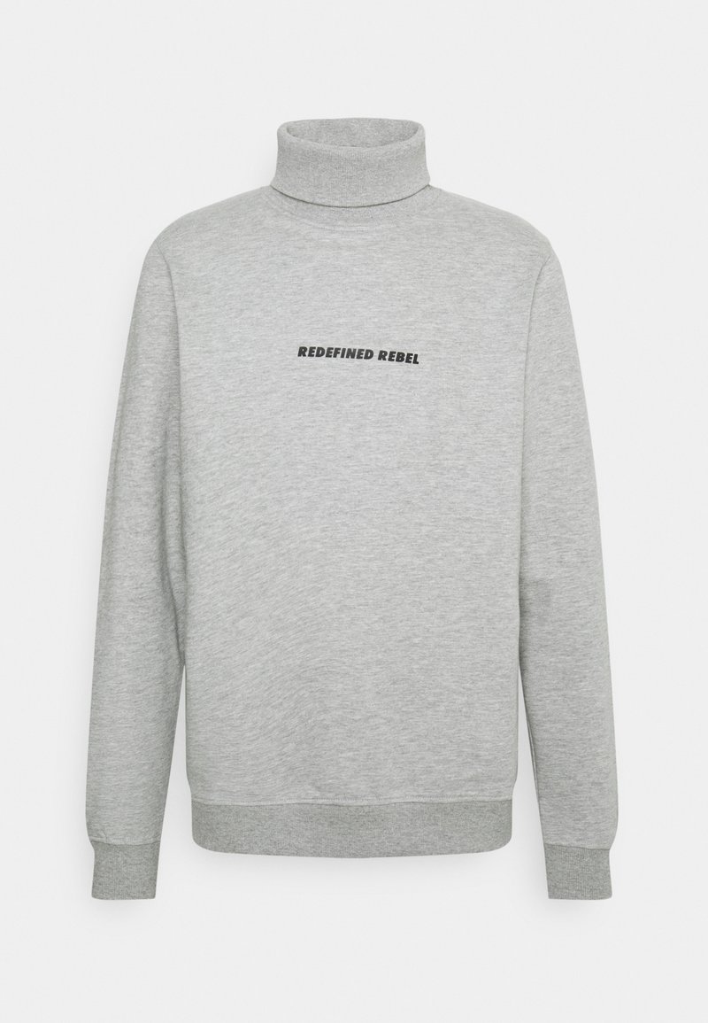 Light grey turtleneck sweatshirt with black text "REDEFINED REBEL" on the chest, ribbed cuffs, and hem.