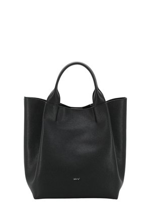 Black leather tote handbag with two handles and a slightly textured surface, featuring a small logo near the bottom center.