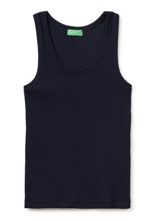 Débardeur côtelé bleu marine avec larges bretelles et encolure arrondie, avec une étiquette verte "United Colors of Benetton" à l’intérieur.