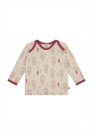 Langarm shirt in crème katoen met bordeauxrode rand, met een herhaalde zeepaardjeprint en kleine belletjes overal.
