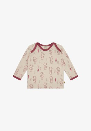 Langarmshirt aus cremefarbener Baumwolle mit dunkelrotem Besatz, das ein wiederholtes Seepferdchenmuster und kleine Blasen aufweist.
