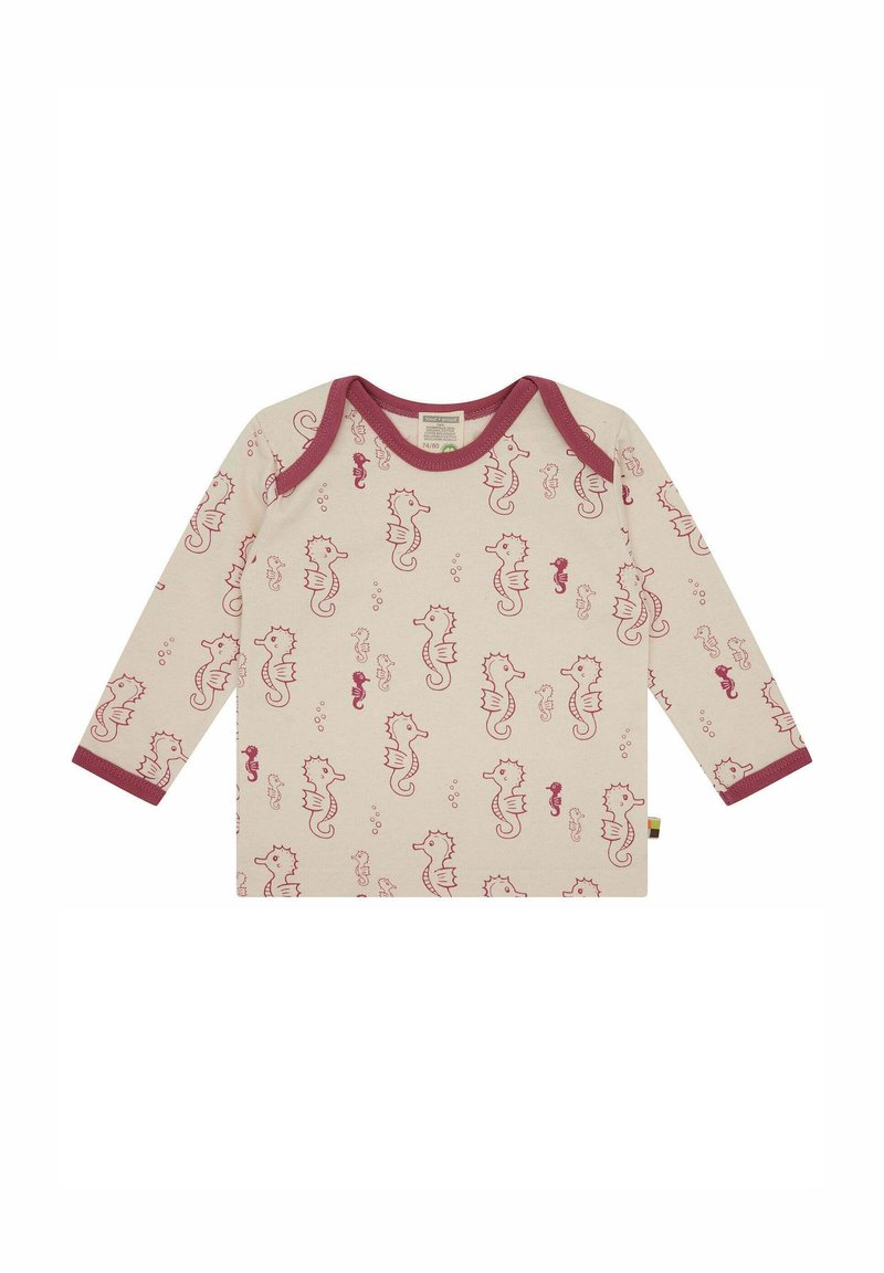 Camicia a maniche lunghe in cotone crema con bordi bordeaux, caratterizzata da un motivo a cavalluccio marino ripetuto e piccole bolle sparse.