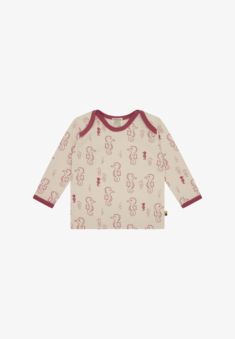 Langarmshirt aus cremefarbener Baumwolle mit dunkelrotem Besatz, das ein wiederholtes Seepferdchenmuster und kleine Blasen aufweist.