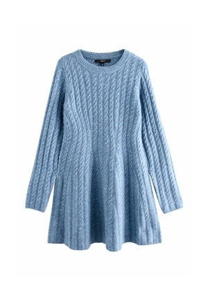 Light blue knitted sweater dress with long sleeves, featuring a cable knit pattern and a flared skirt. Round neckline and soft texture.