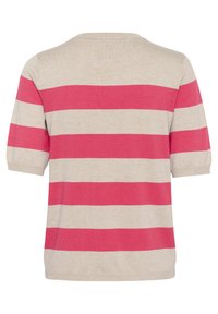 Crème kleurige sweater met korte mouwen, gekenmerkt door horizontale roze strepen, een ronde hals en een zachte textuur. Eenvoudig ontwerp met een losse pasvorm.