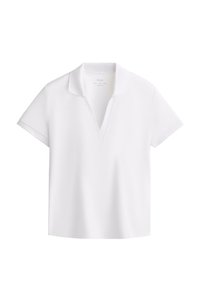 White polo shirt with short sleeves and a v-neck collar. Made of smooth fabric, featuring a minimalist design without patterns or accents.