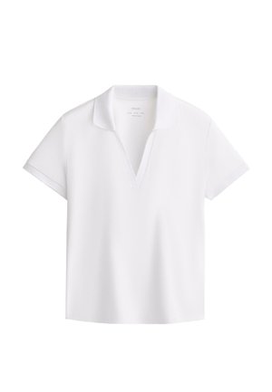 Witte polo met korte mouwen en een V-hals. Gemaakt van een gladde stof, met een minimalistisch ontwerp zonder patronen of accenten.